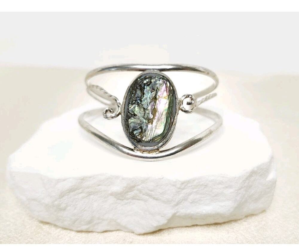 Vintage Alpaca Mexico Silver Abalone Mother Of Pearl Inlay Cuff Bracelet